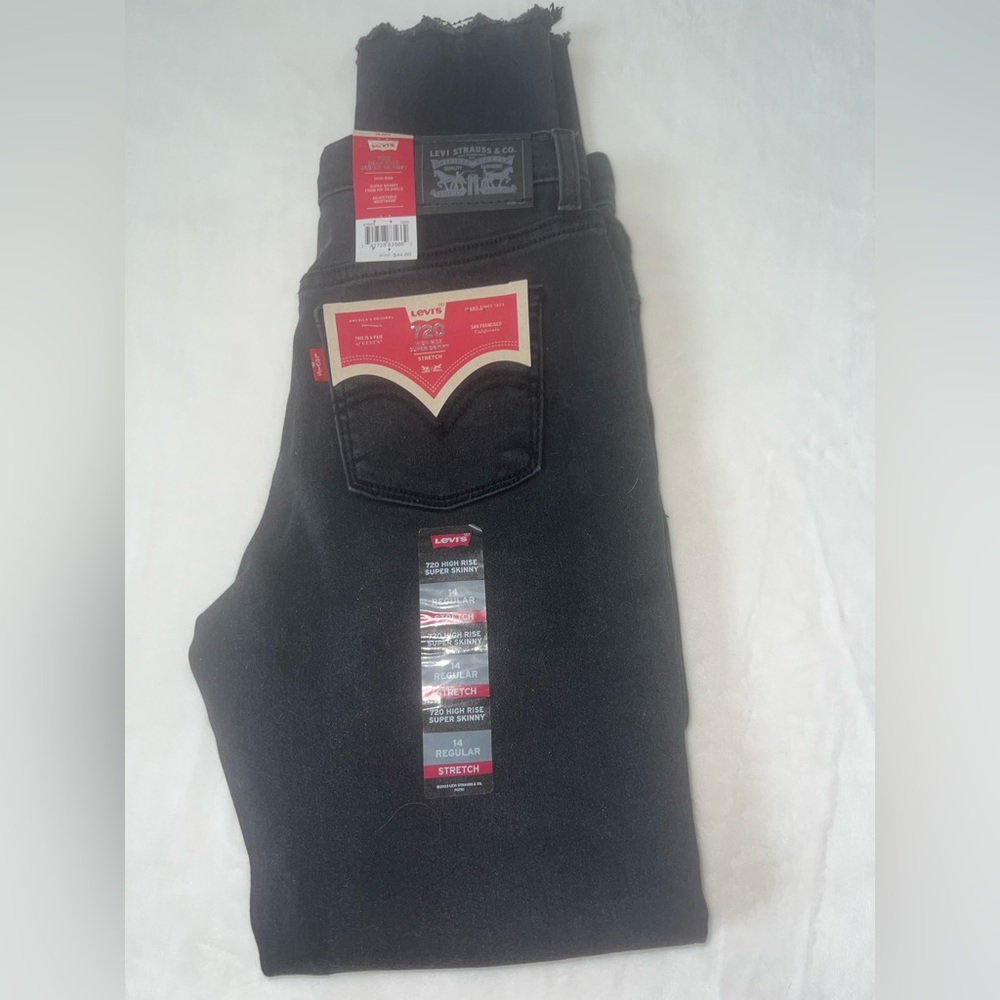 Levi’s Girls 720 High Rise Super Skinny Jeans Black Distressed Raw Hem Size 14 - Picture 4 of 9